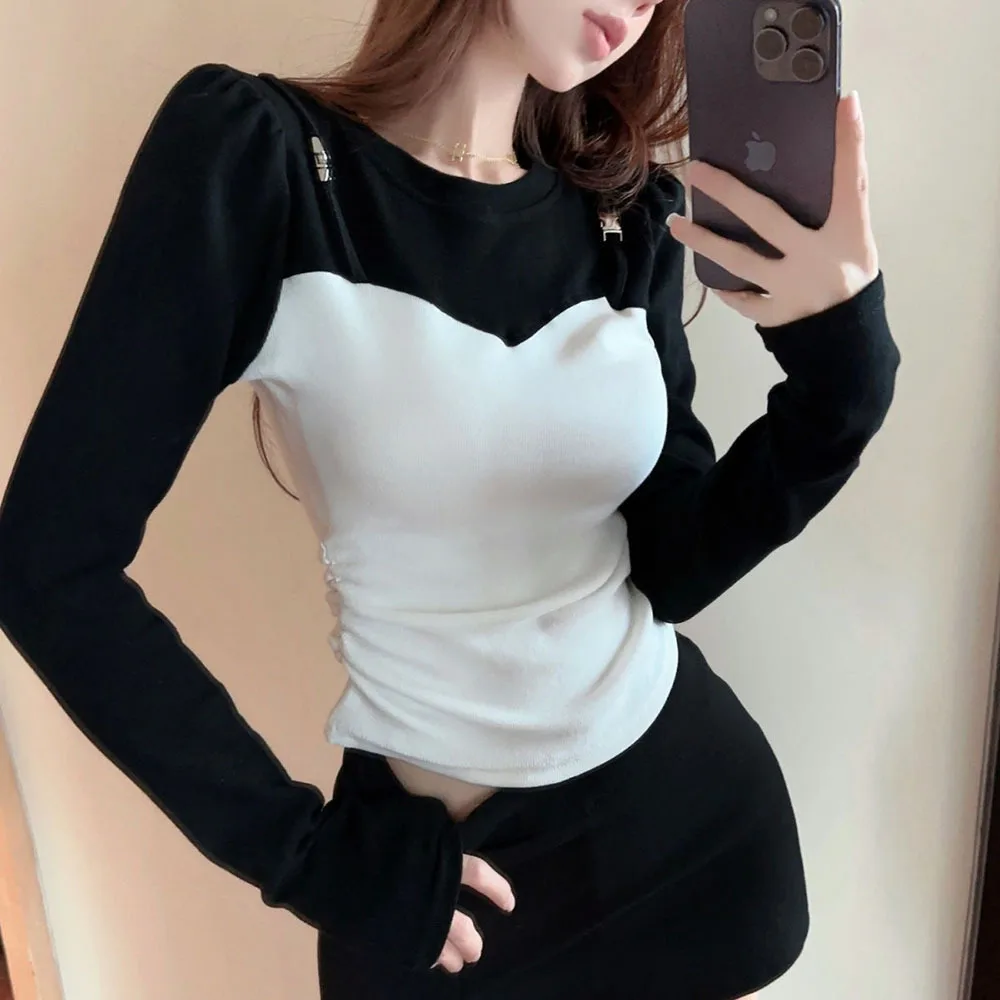 Patchwork Fake 2pcs Long Sleeve T-Shirts Women Design Unique Slim Fit Streetwear Tops Korean Fashion Casual Autumn Chic Tee Lady