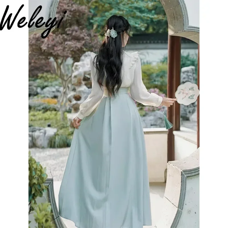 Retro Hanfu Long Puff Sleeve Embroidered Top 2024 Fall Women's New Chinese Style Horse Face Improved Skirt Sets 2 Pieces Suit