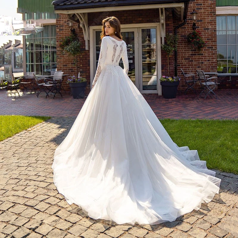 Vestidos de casamento simples para dama de honra, A-Line, gola redonda, manga comprida, banquete, férias