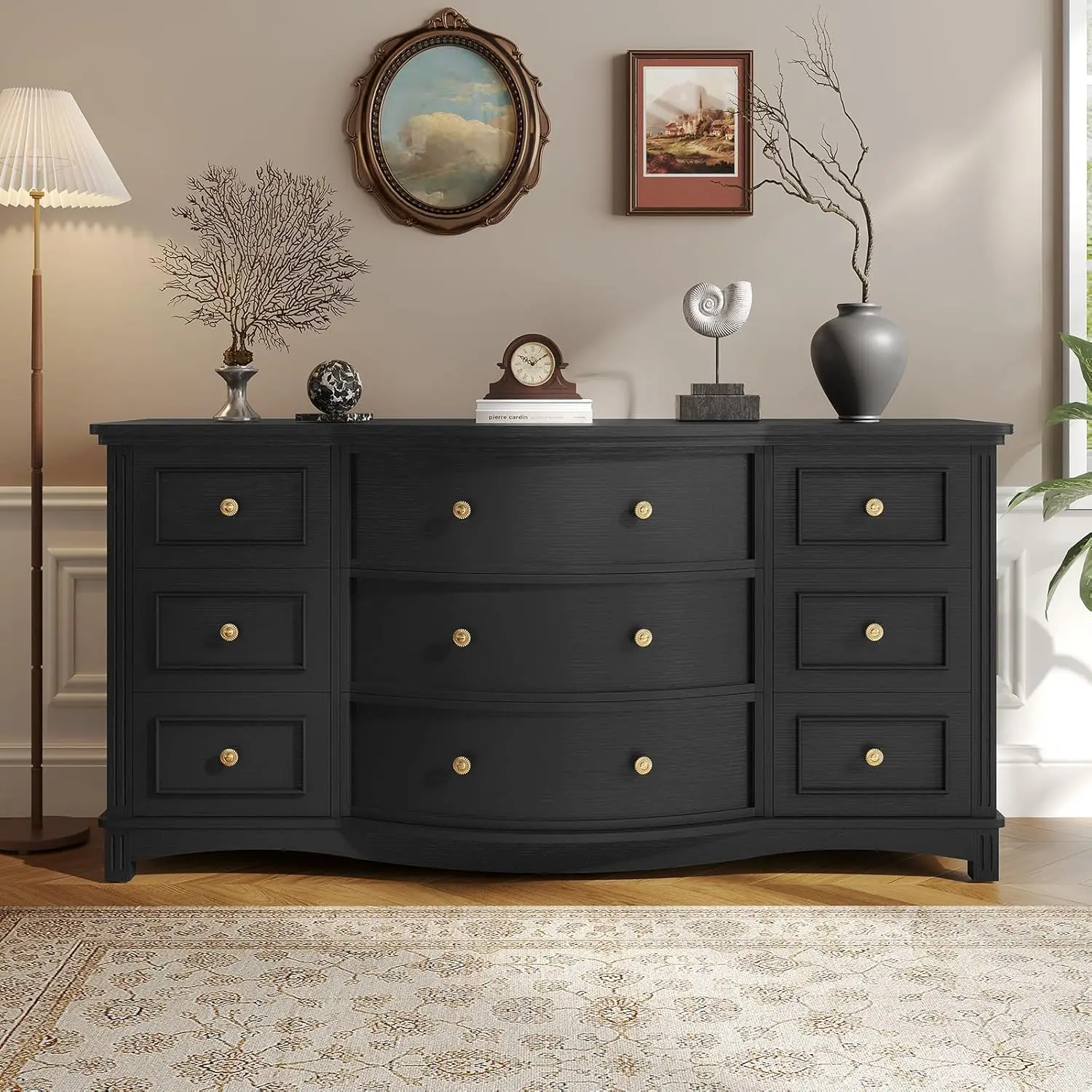 #￥9-Drawer Wide Dresser Arc Front Roman Column Bedroom Storage 55in Long, Customized