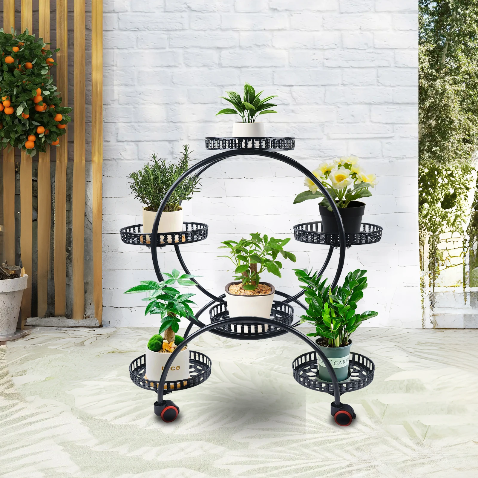 

4-х уровневая круглая черная металлическая подставка для растений — полка для дисплея на 6 горшках с запираемыми колесами, для внутреннего/наружного патио, сада, двора, домашнего декора