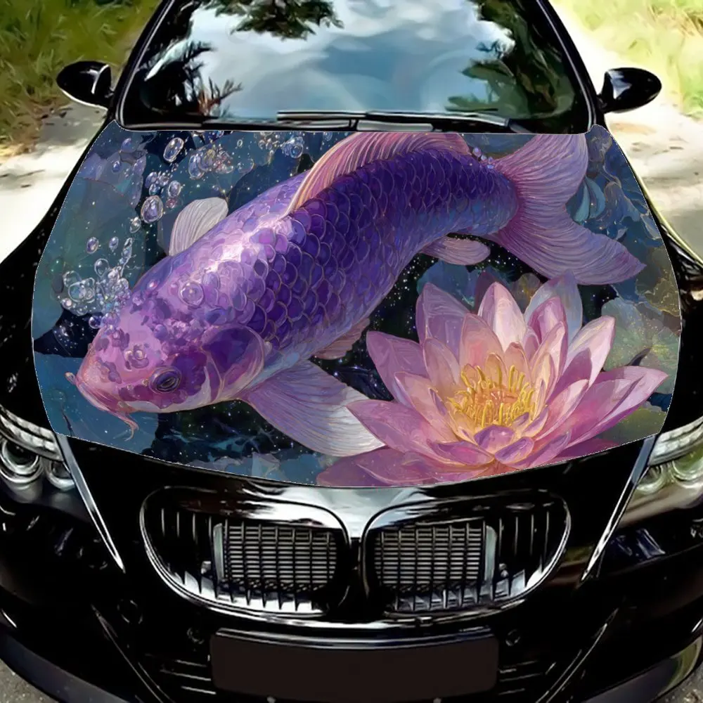 Koi púrpura poético al lado de la pegatina del capó del motor del coche de Lotus floreciente, calcomanía del arte del automóvil, decoración personalizada del Exterior del coche, regalo para
