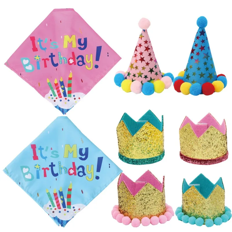 Pet Birthday Party Hat Bowtie Supplies for Festival Celebrating Dog Products Supplies Tie Set Bandana Hat Pets Puppy Cats Party