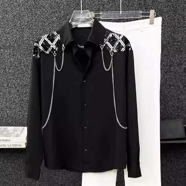 

White Long Sve irt Men's Patchwork Slimming Faionable Top Breathable Stand Fit Youthful Sle Spring 2025 New Arrival