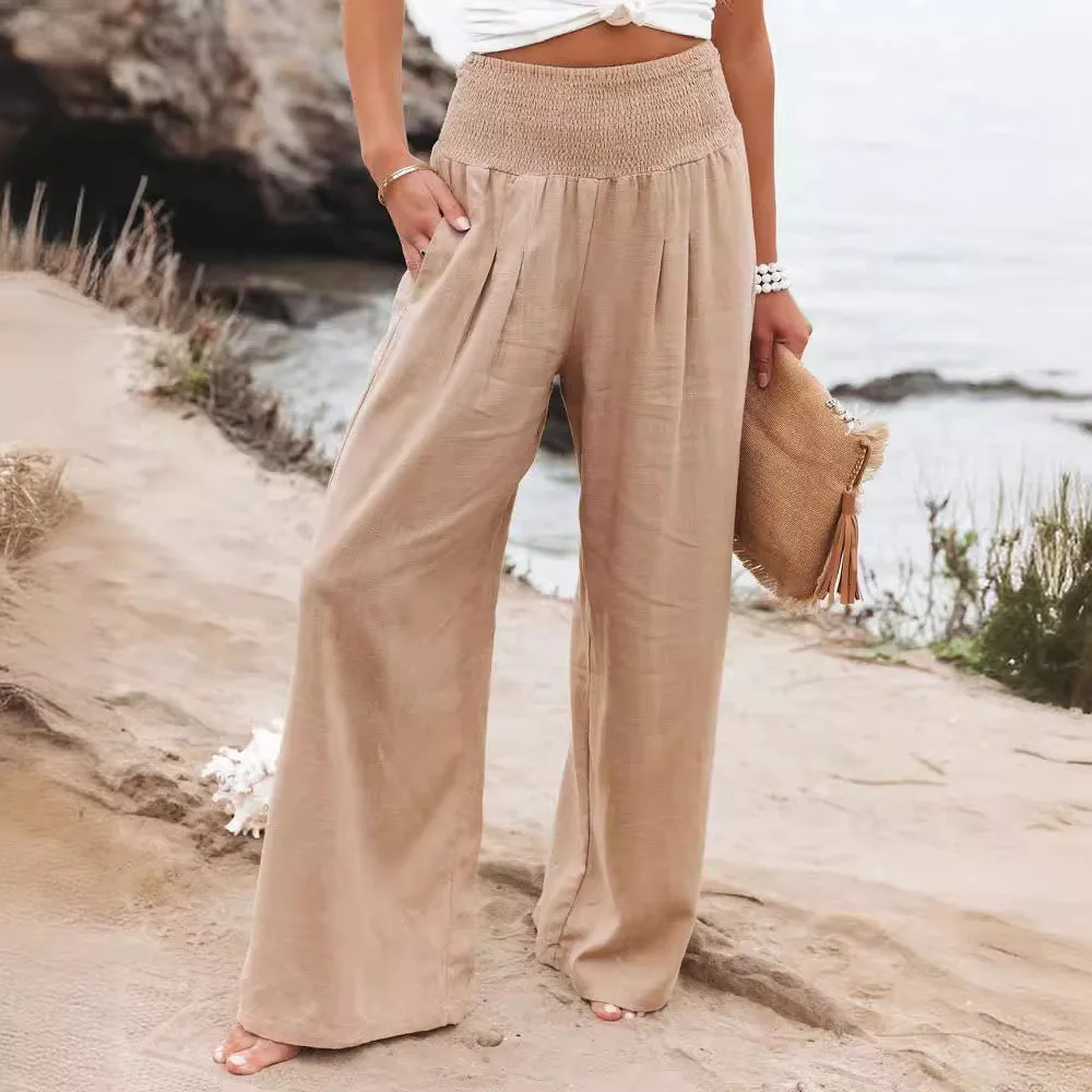 

2024 Autumn Women's Casual Cotton Pants Hemp Comfortable Elastic Waist Long Wide Legs Pants For Women