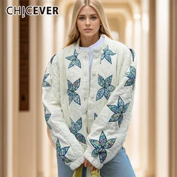 CHICEVER Floral Print Casual Coat For Women O Neck Puff Sleeve Loose Spliced Single Breasted Outerwear Female Autumn Clothes New