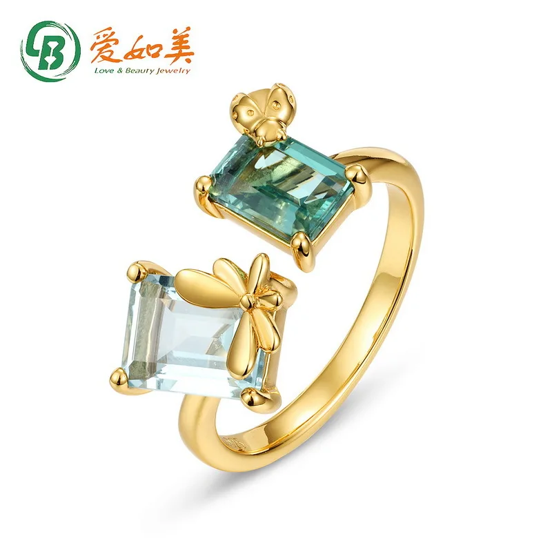 

18K Gold PT950 Platinum Silver Plated 7-layer Gold Sky Blue Topaz Green Crystal Ring for Women's Jungle Butterfly Ladybug Ring
