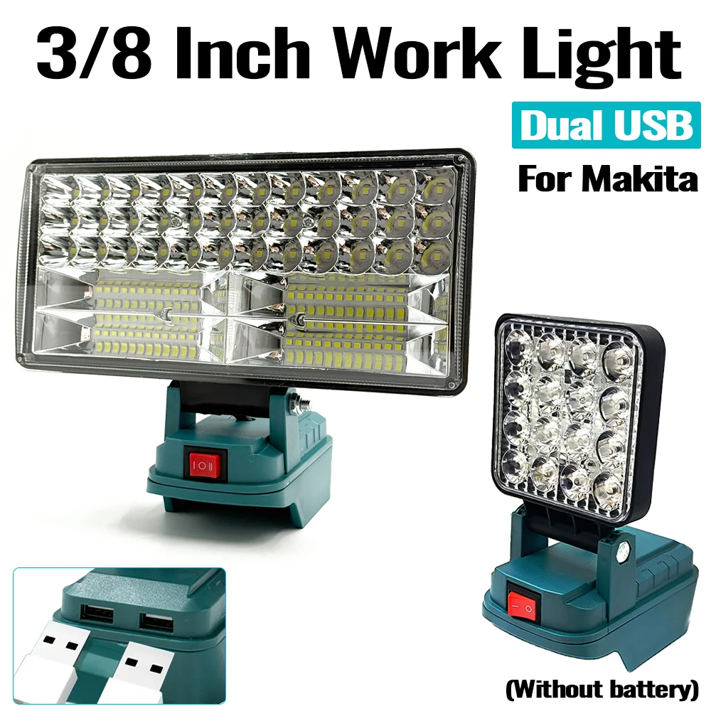 Luz de trabalho LED de 3/8 polegadas para Makita, lâmpada de bateria de íon-lítio de 14.4V 18V com USB, lanterna externa, luz de emergência para camping