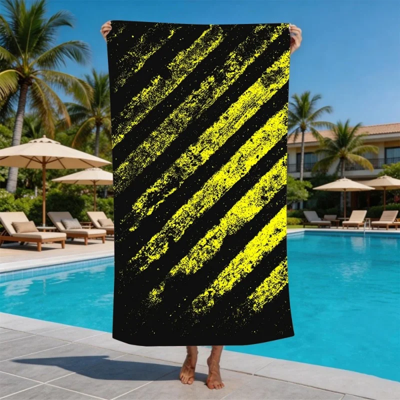 Grunge Black Yellow Diagonal Stripe Beach Towel Quick Dry Sand Free Distressed Print Towel for Swimming Pool Beach Travel Yoga