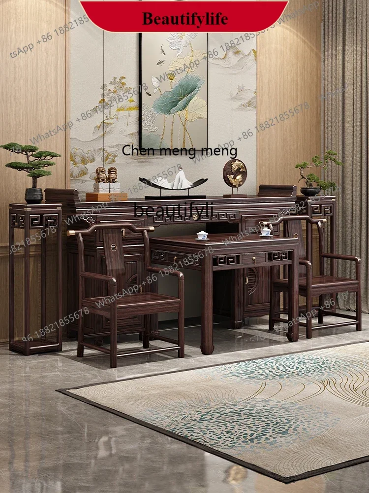 G153  New Chinese Style Old-Fashioned Square  for Eight People Middle Hall Six-Piece Set a Long Narrow  Solid Wood Strip   Livin