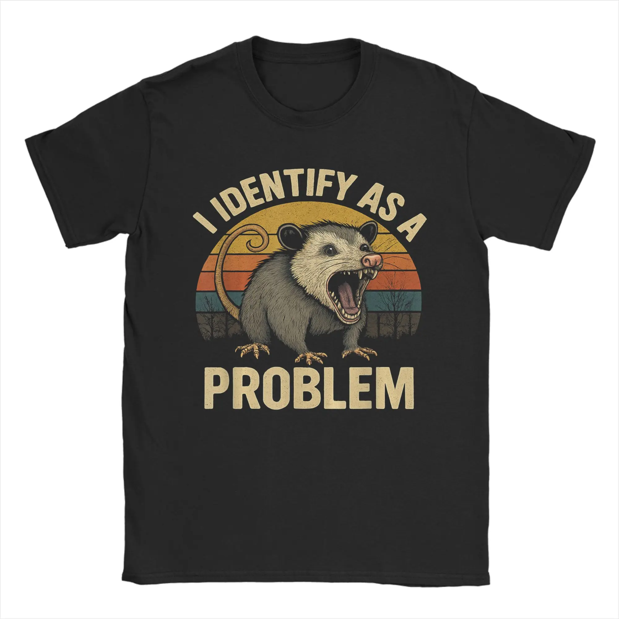 Vintage I Identify As A Problem Funny Possum Humor Tshirts Men's Crewneck Short Sleeve Tops  Cotton Summer Clothes