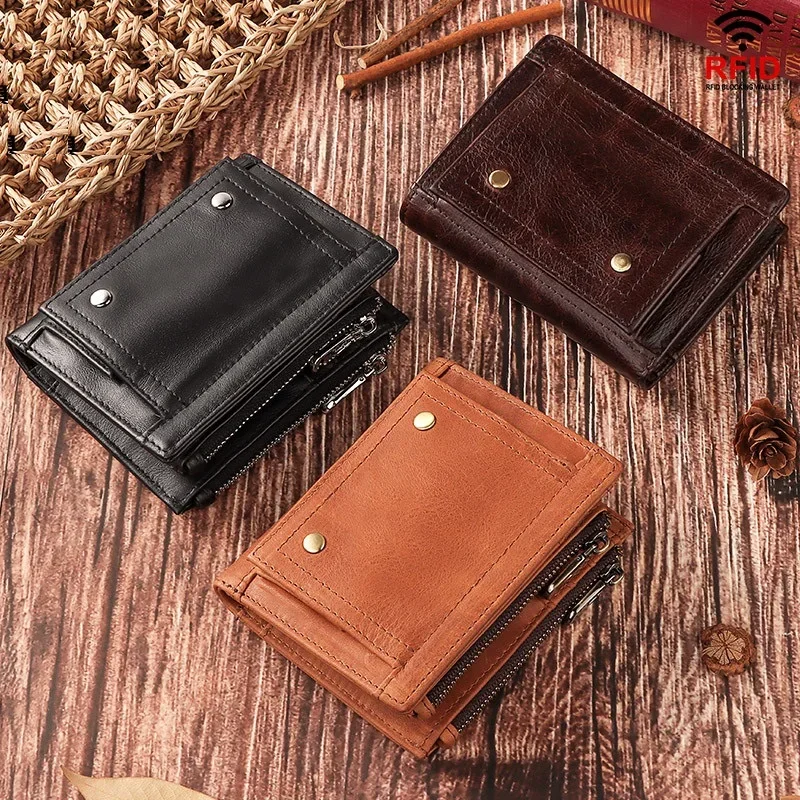 Short Wallet for Men with RFID Block Genuine Leather Male Wallets Cowskin Cards Holder Coin Pocket Clutch Multi-functional Purse