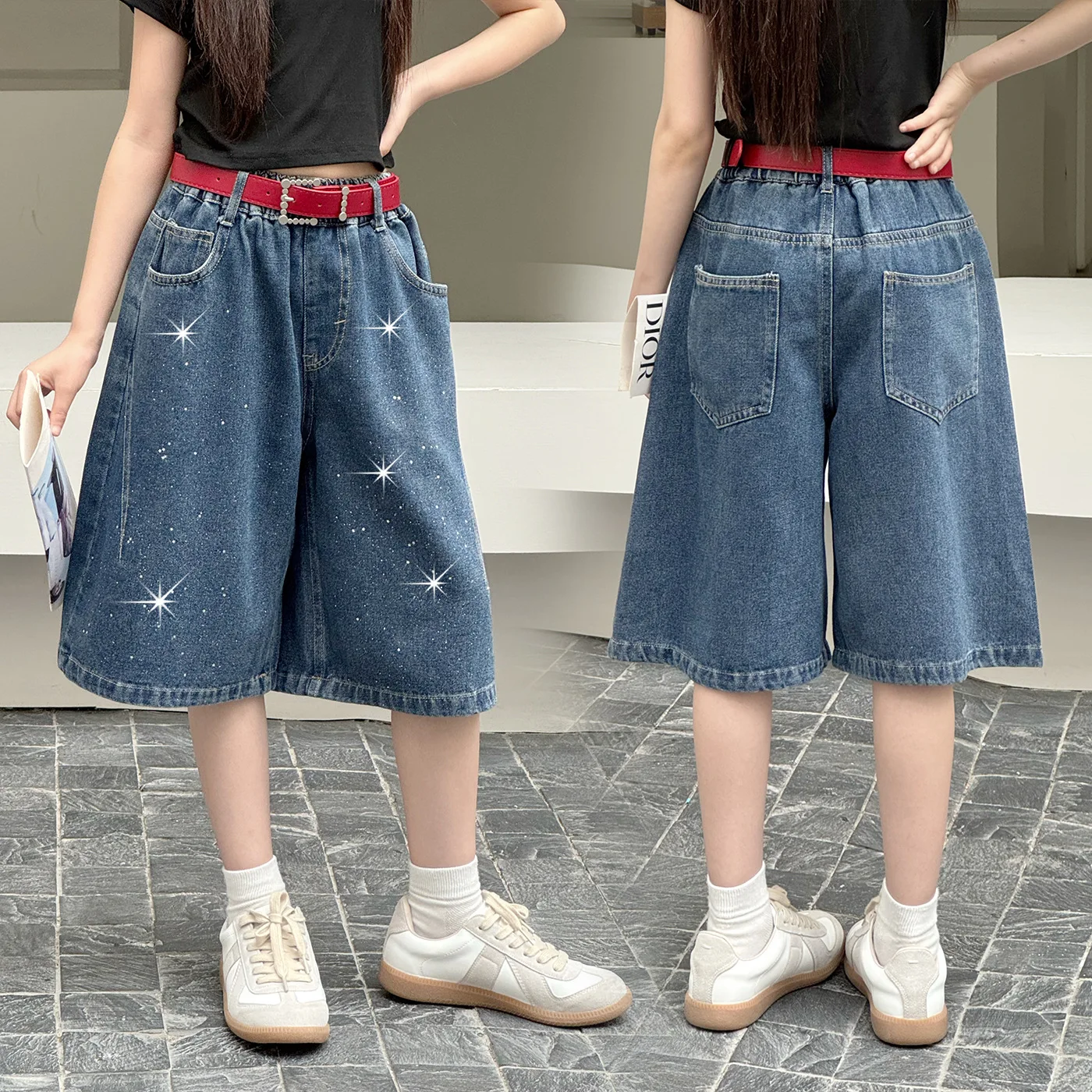 2026 New Summer Girls Thin Denim Pants Korean Style Rhinestone Five Points Shorts Loose Stylish Casual Mid Jeans For Teens Kids