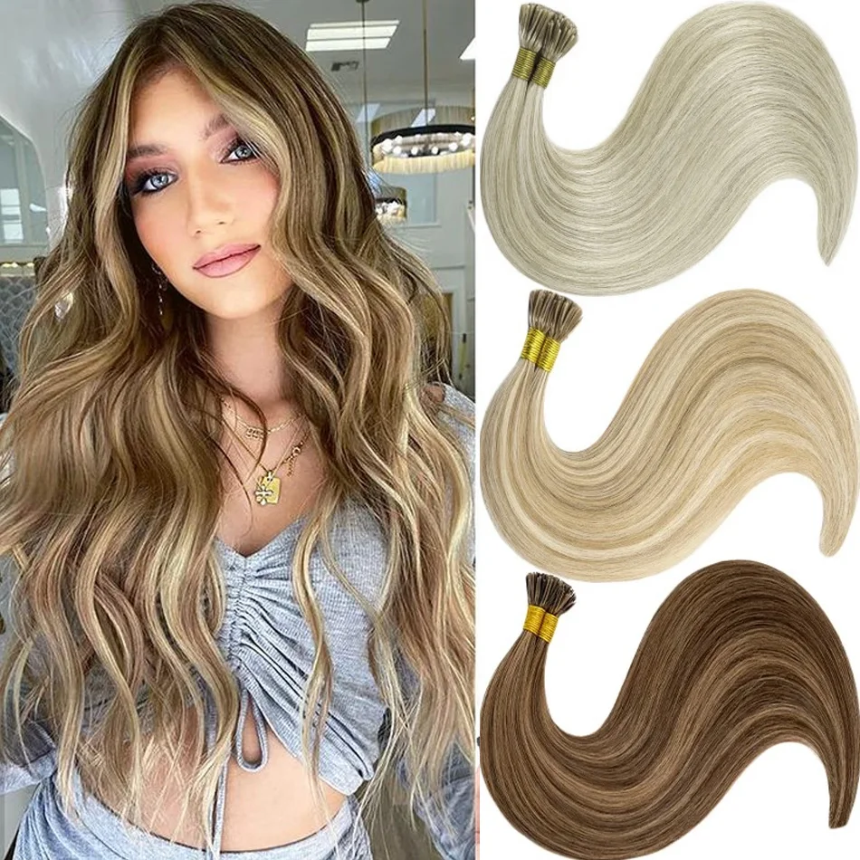 I Tip Hair Extensions 100% Human Hair Straight Remy Hair Pre Bonded Keratin Stick Tip Soft Silky Natural Blend K-Tip Hair Reusab