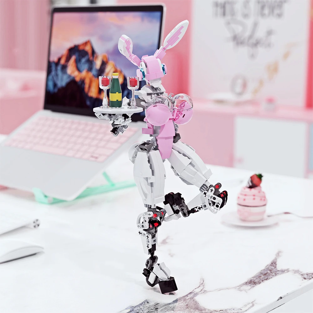 BuildMOC 468PCS Bunnyed Girl Robot Female Mecha Model with Wine Plate Garnish DIY Building Bricks for Adults Collection Gifts
