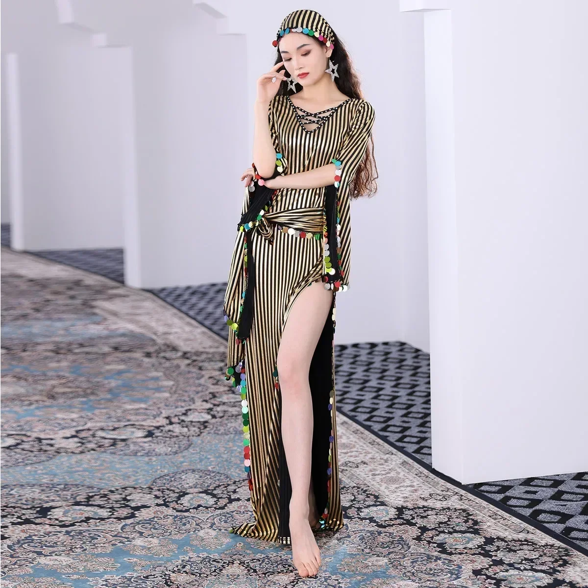 3pcs Costume Oriental Dance Dancing Clothes New Belly Dance Bronzing Sequins Robe Baladi Folk Saidi Cane Dance