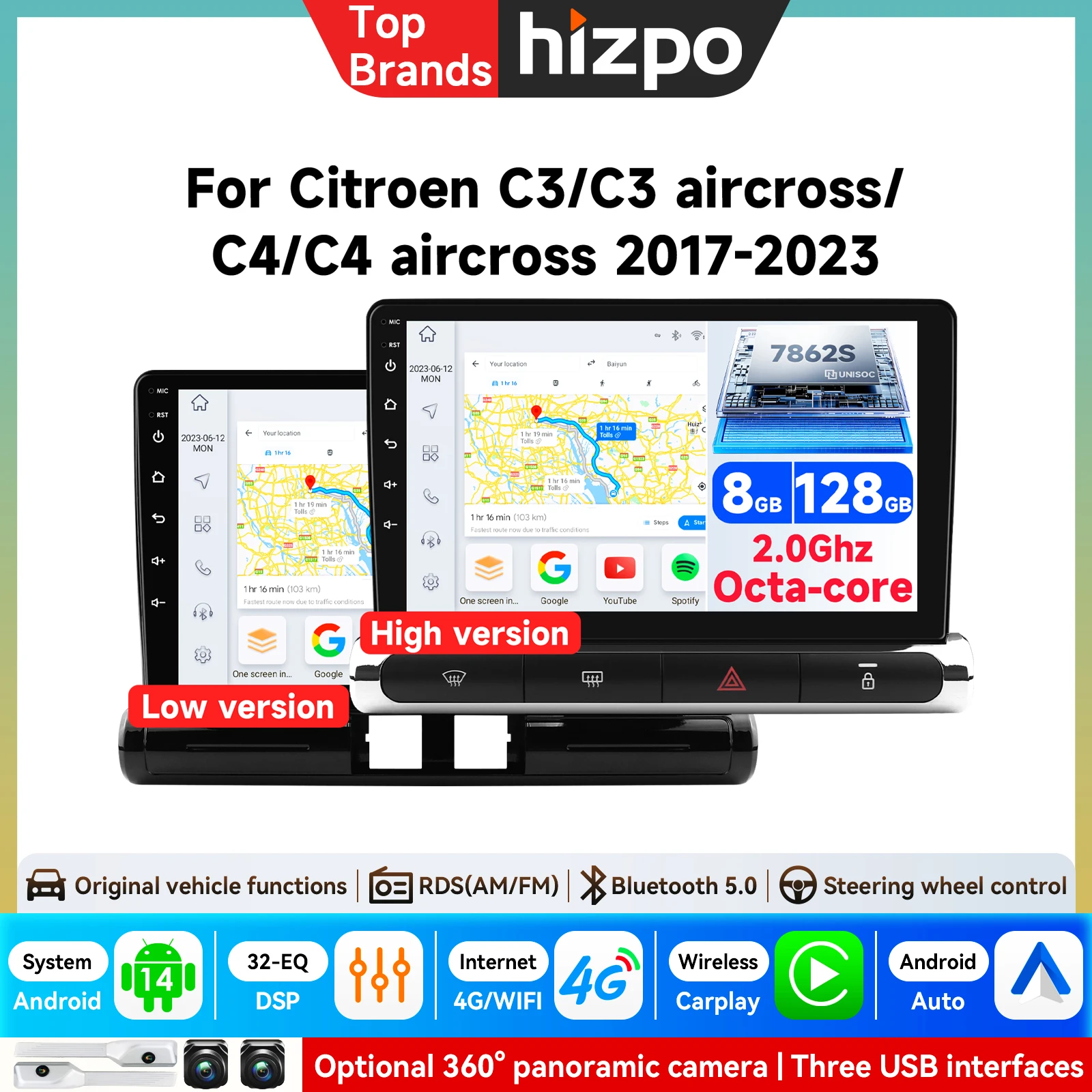 Autoradio für Citroen C3 Aircross 2017-2023 C4 Aircross Android Multimedia-Player GPS-Navigation Carplay QLED-Bildschirm Auto-Stereoanlage