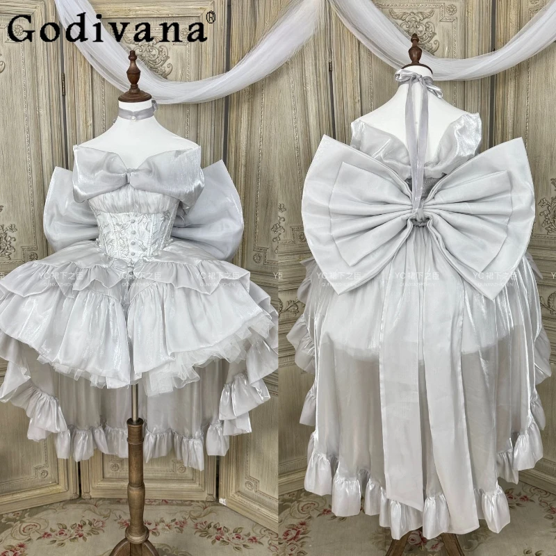 

High-end Silver Lolita Dress for Women French Elegant Sweet Big Bow Trailing Mini Puff Dress Princess Party Dresses Ball Gown