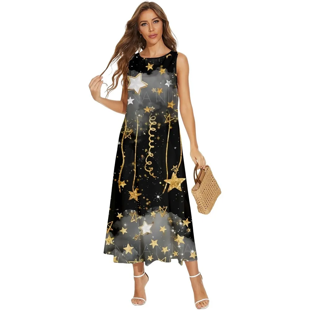 

Spring Summer Women Beach Long Dress Personalized Creative Printing Casual Sleeveless Pocket Dress Clothing Holiday Vestido