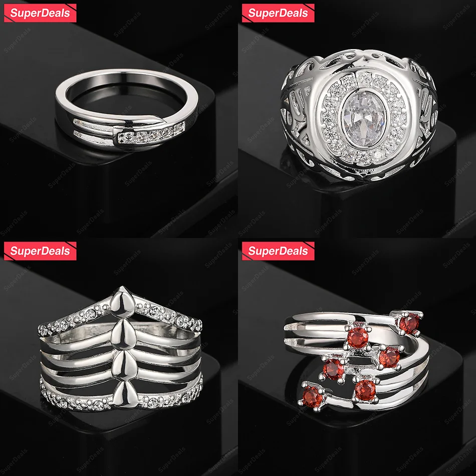 

SuperDeals 925 Sterling Silver Hollow Crown Round Geometric Ring Classic Zircon Women Wedding Party Noble Luxury Jewelry
