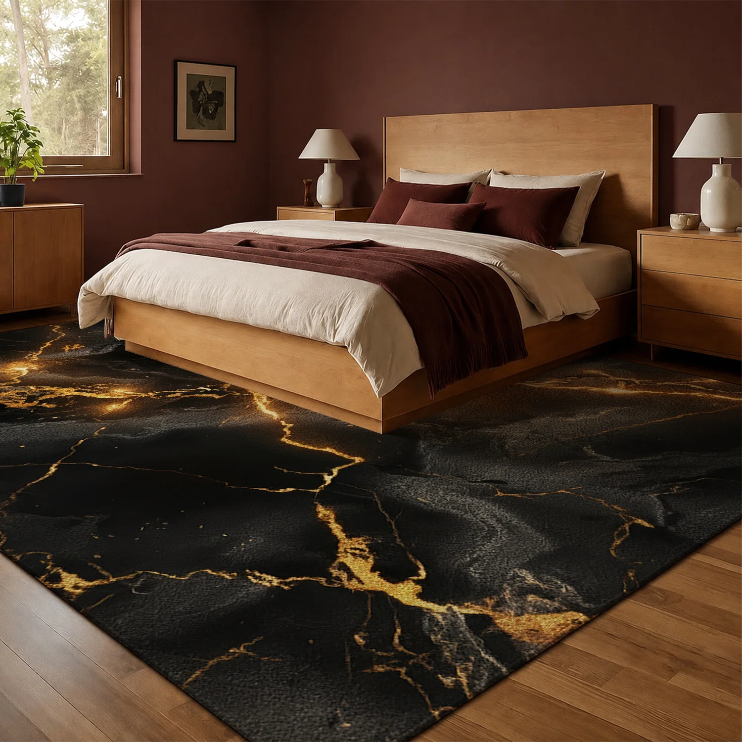 Large Indoor Area Rug, Soft Velvet Low Pile with Non-Slip Dotted Backing, Machine Washable Black Gold Marble Pattern Rug for Living Room and Bedroom Decor