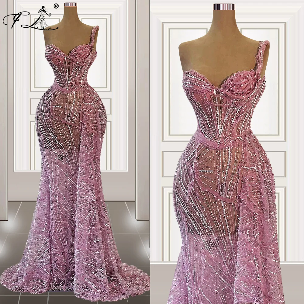 One Shoulder Pink Prom Dress 2024 Mermaid Evening Party Dress See Through Saudi Arabic vestidos de gala Customized