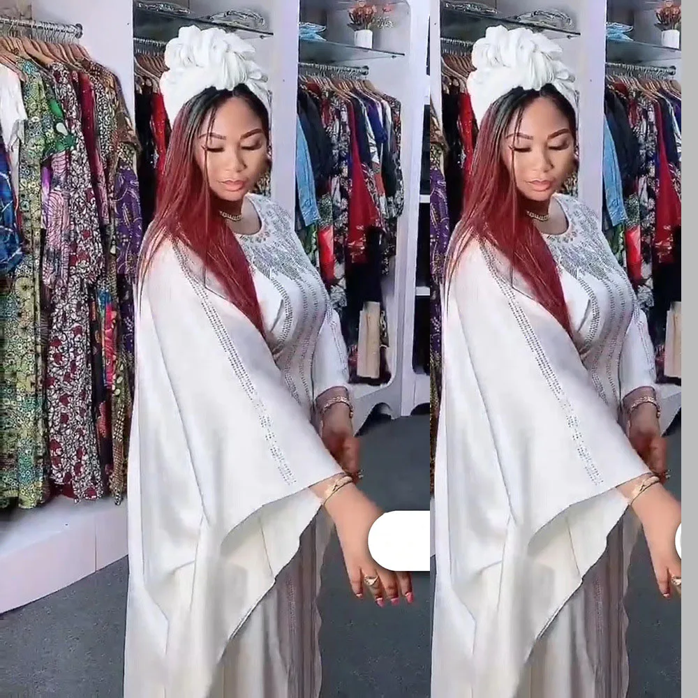 

African Dresses for Women Diamonds Kaftan Africa Ankara Dashiki Boubou Abaya Batwing Sleeve Dress Robe Caftan Gown with Headband
