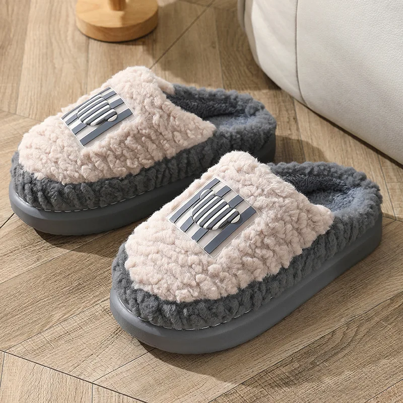 Fashion Couple Winter Toe Wrap Warm Plaid Cotton Slippers Thick Soft Sole Slides Men Women Indoor Floor Flat Home Non-slip Shoes