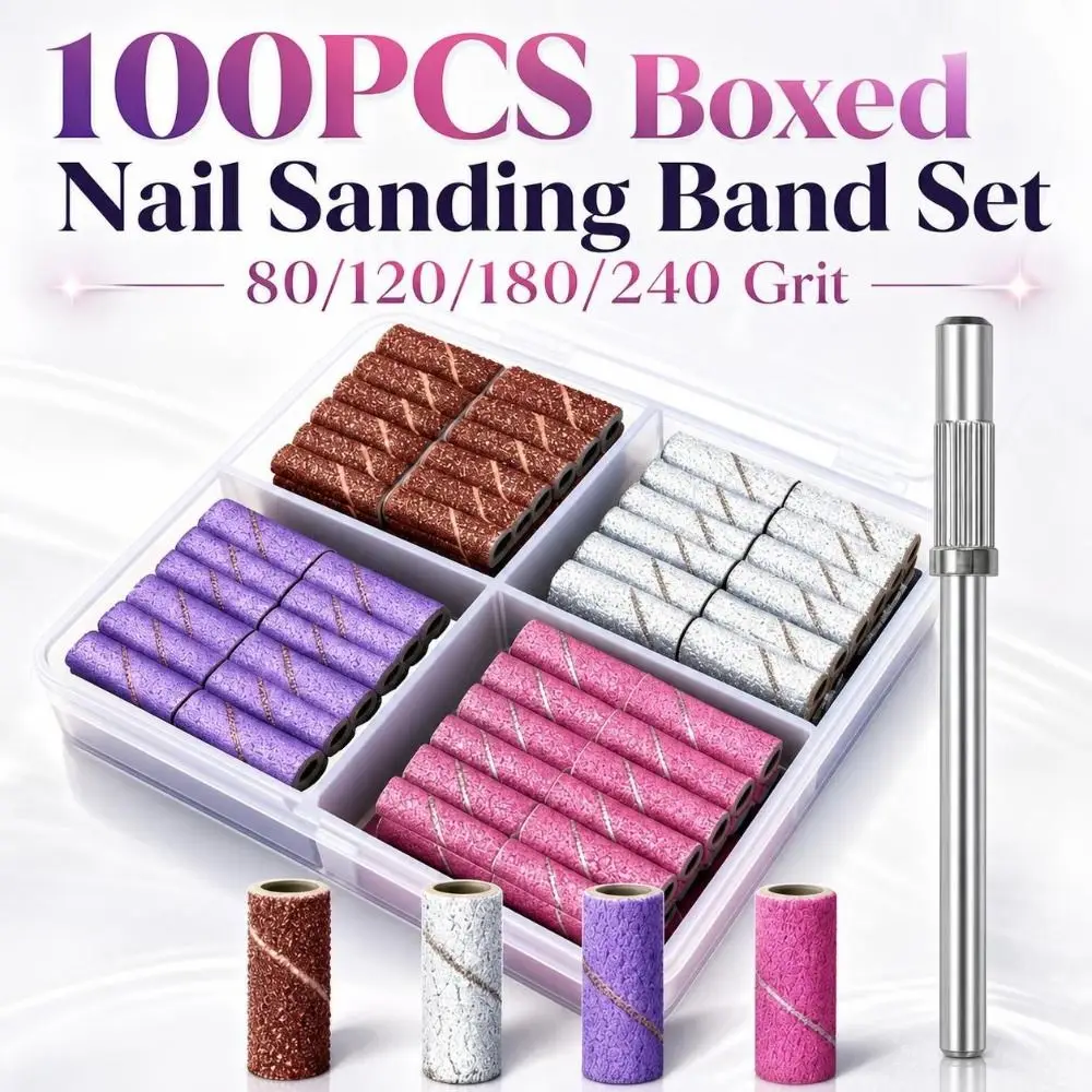 100PCS 80/120/180/240 Grit Nail Sanding Bands Mixed‑grit Replaceable Nail Drill Sanding Bands Boxed Durable