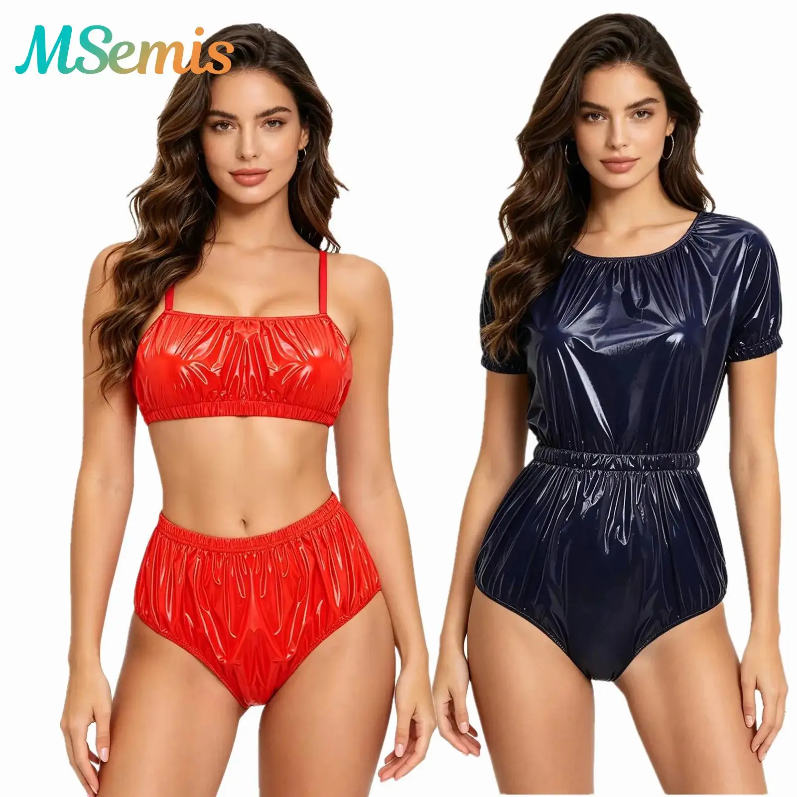 Traje de baño metálico brillante para mujer, bikini de dos piezas, bralette sin relleno ni aros con braguita de cintura alta, traje de baño para playa
