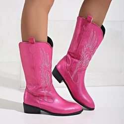 Ricamo rosa Cowgirl stivali donna 2023 autunno tacchi bassi ginocchio alto Western Boos donna Plus Size Slip on Heeled Cowboy Botas