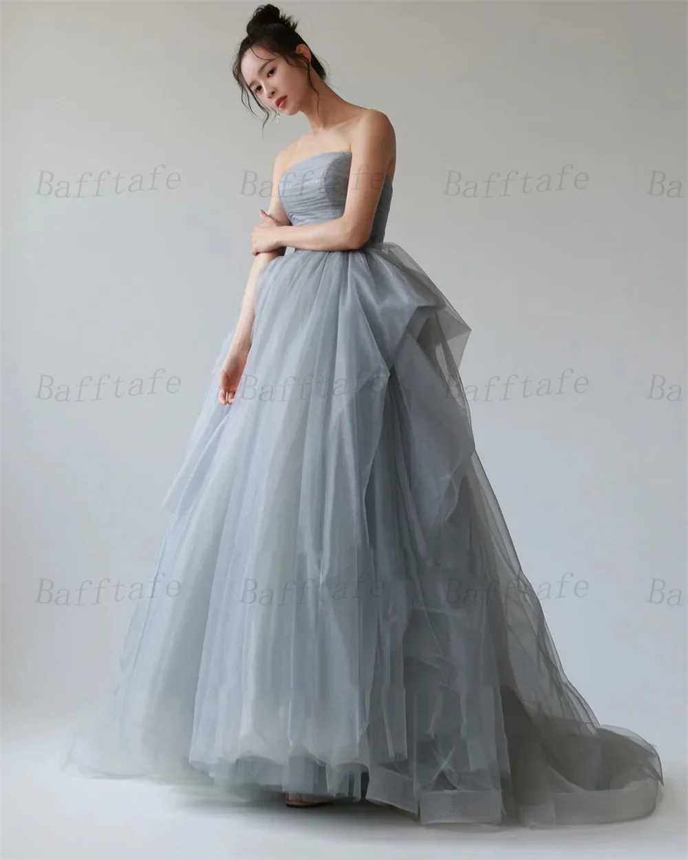 Bafftafe Customized A Line Korea Women Prom Gowns Strapless Pleat Corset Back Formal Evening Party Dress Special Occasion Gowns