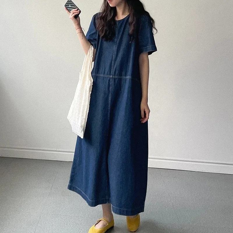 

Loose Fit round Ne ort Sve Denim Dr Women's Summer Simple Pure Color Long Dr Trendy Korean Sle A-Line Skirt