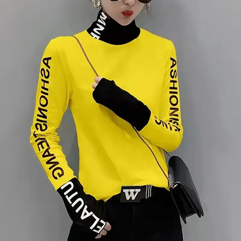 Clothing Warm Tee Yellow Top For Women With Print 2024 Turtleneck Woman T-shirt Offer High Quality Tshirt Causal Fitted Kpop O