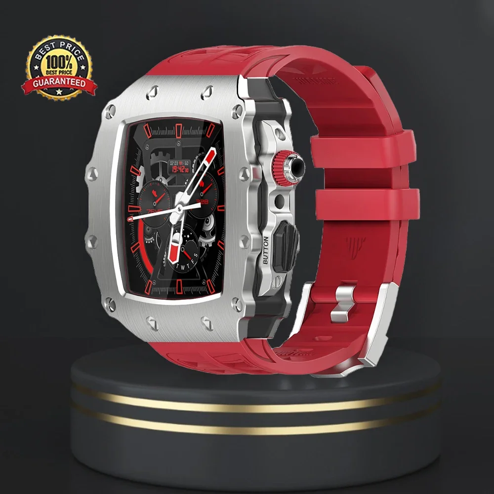 

Комплект для часов Apple Watch Band Case9 8 7 45 мм, роскошный модифицированный комплект с металлической рамкой, флюоровый резиновый ремешок для IWatch SE 6 5 4 44 мм