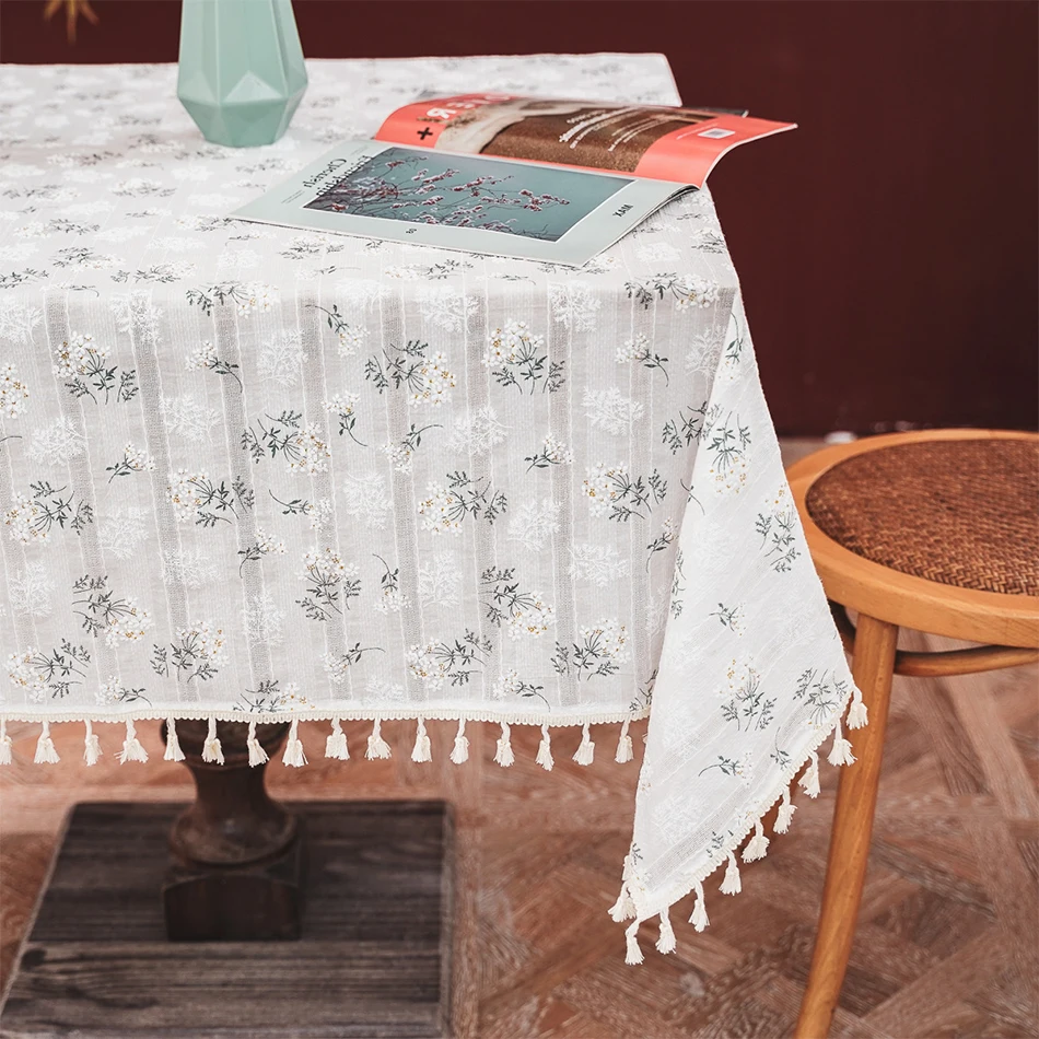 Lilacs Tassels Cotton Tablecloth,Daily Use Korean Style Daisy Tea Table Decor,Rectangle Table Cover for Kitchen Wedding Dining