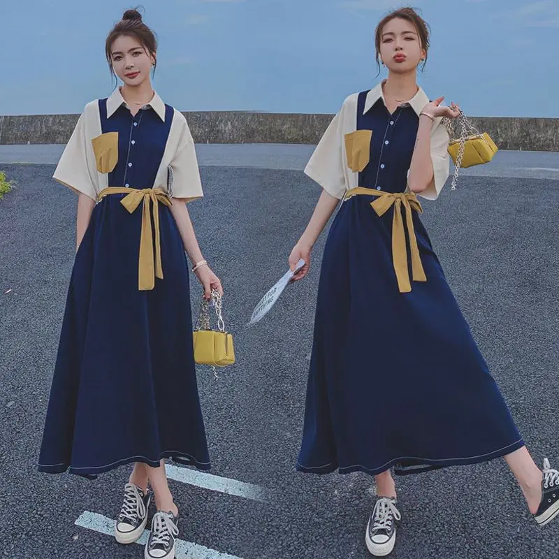 

Vintage Splice Shirt Dress Midi Length Women Fashion Half Sleeve V-neck Single Breasted Dress Casual Lace-up Summer Dress