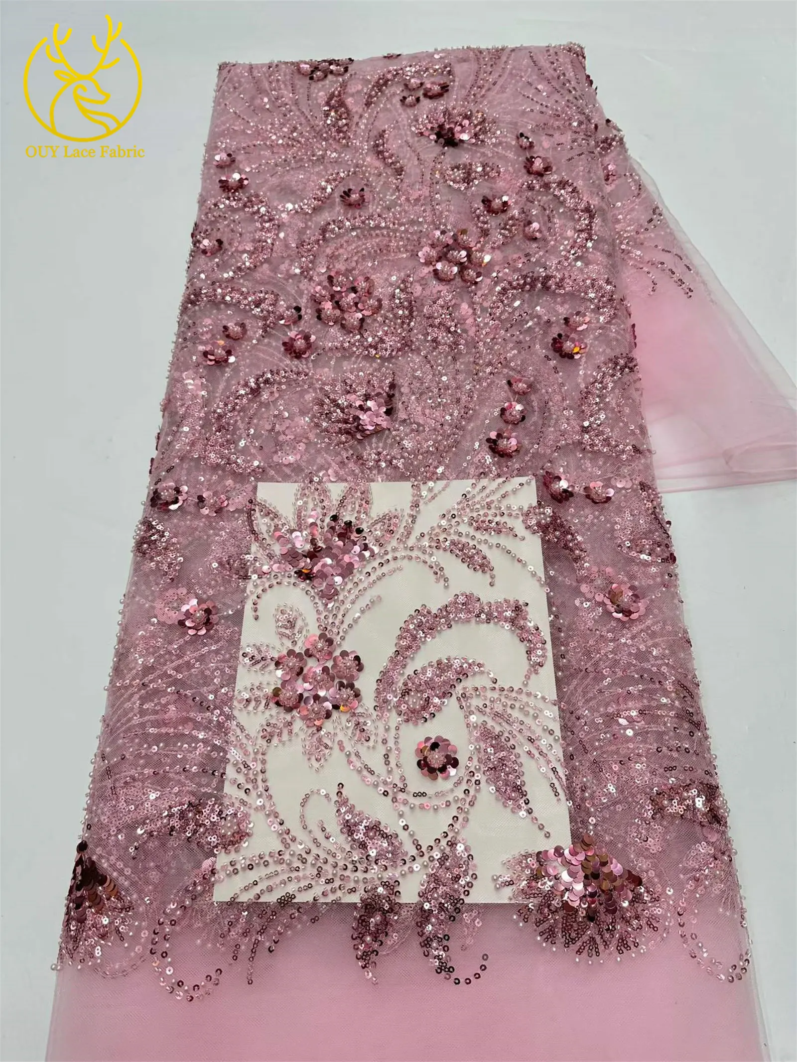 Eleganter 5-Yard-Paillettenstoff mit Kleinen Blumen, Afrikanischer Perlen-Pailletten-Spitzenstoff, Nigerianischer Luxuriöser Pailletten-Netzstoff für Kleider und Näharbeiten – Detail 4
