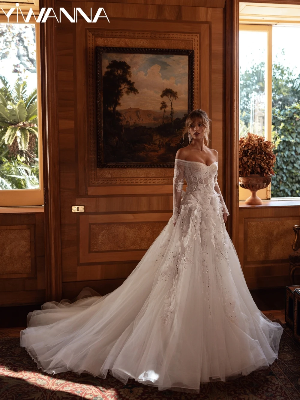 

Sparkling Pearls 3D Flower A-line Long Wedding Dress Charming Off Shoulder Bridal Gown Customized Ivory Dresses For Bride