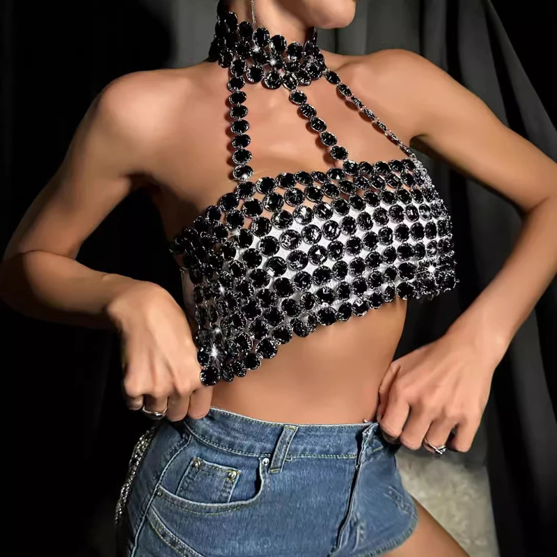 Trendy Women Camisole Sequined Spicy Clubwear Eye-catching Slim American Style Halter Luminous Sexy Summer New Backless Gemstone
