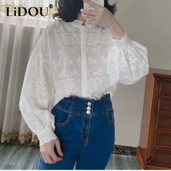 Spring New High Street Solid Color Pure Cotton Shirt Women Round Neck Lantern Sleeve Single Breasted Cardigan Temperament Tops