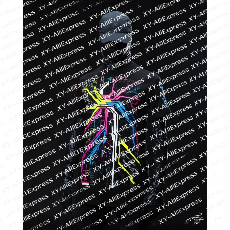 Men Urban Street Tee, Quick Dry & Breathable. Futuristic Cyber Line Print for Subculture Meetups and Daily Casual Outfits