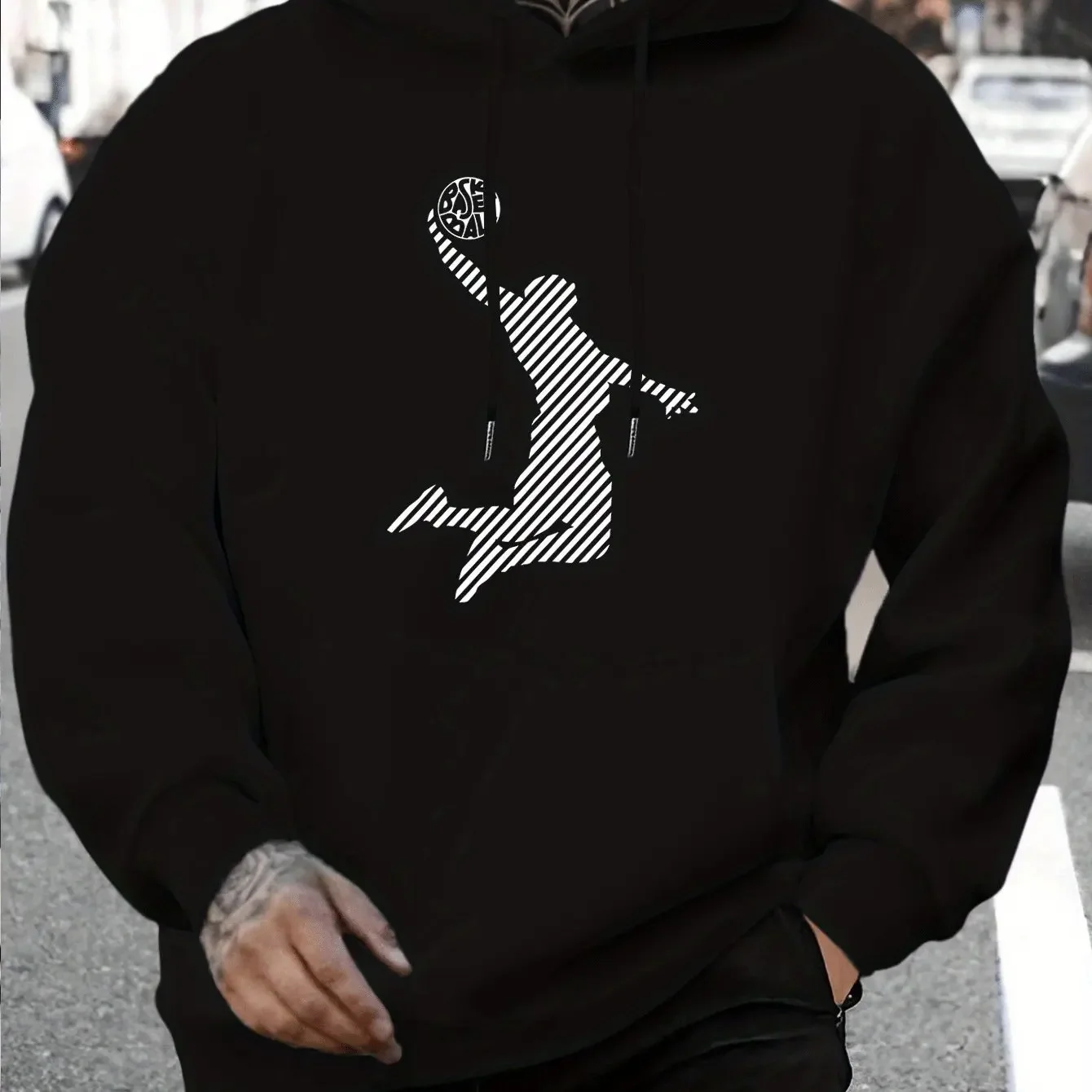 Striped Dunk Basketball Player Front Print Hoodie Unisex Oversized Pullover Sports‑style Casual Long Sleeve Sweatshirt