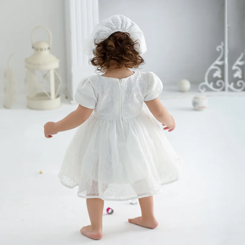 White Lace Baby Dresses + Hat For Christening 0 To 12 24 Months First Birthday Toddler Girl Clothes Infant One-piece Gown