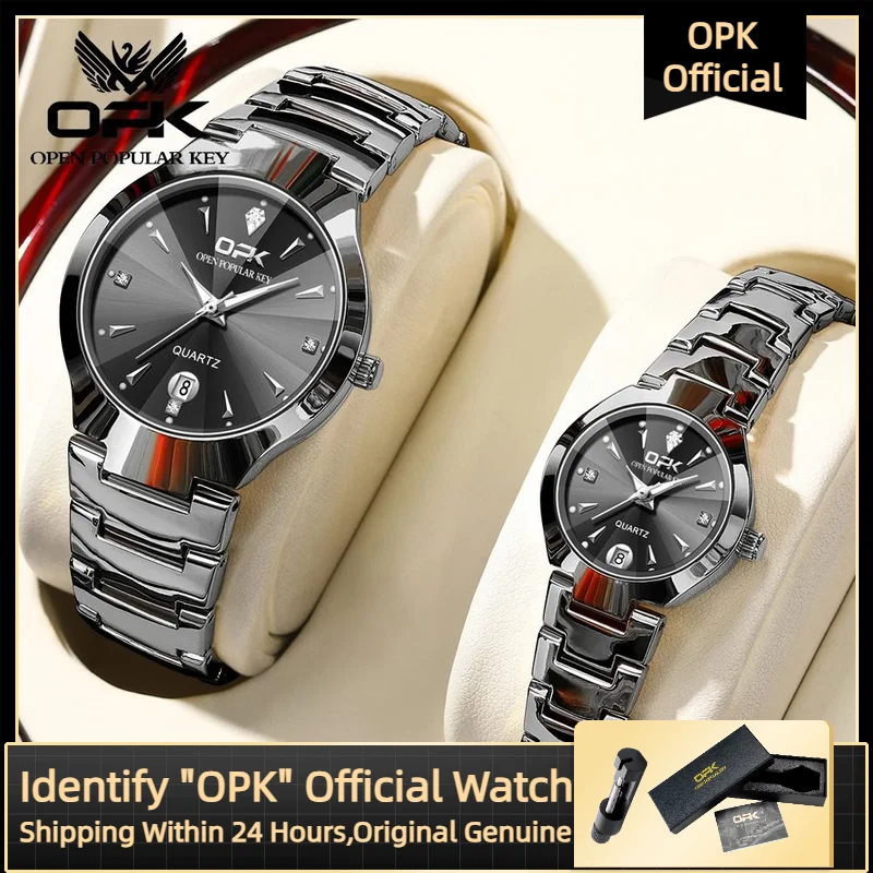 OPK 8105 Couple Quartz Watch Classic Fashion Waterproof Glow Tungsten Steel Band Luxury Date Week Men's and Women's Couple Watch