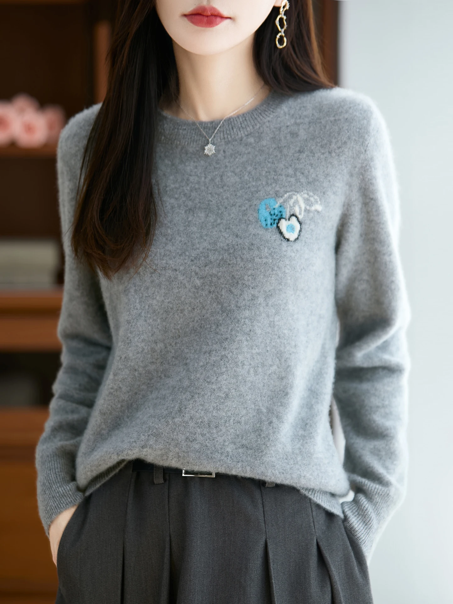 

Новая мода осень-зима женский свитер элегантный женский трикотаж из 100% мериносовой шерсти пуловер с круглым вырезом женская одежда с длинными рукавами топы