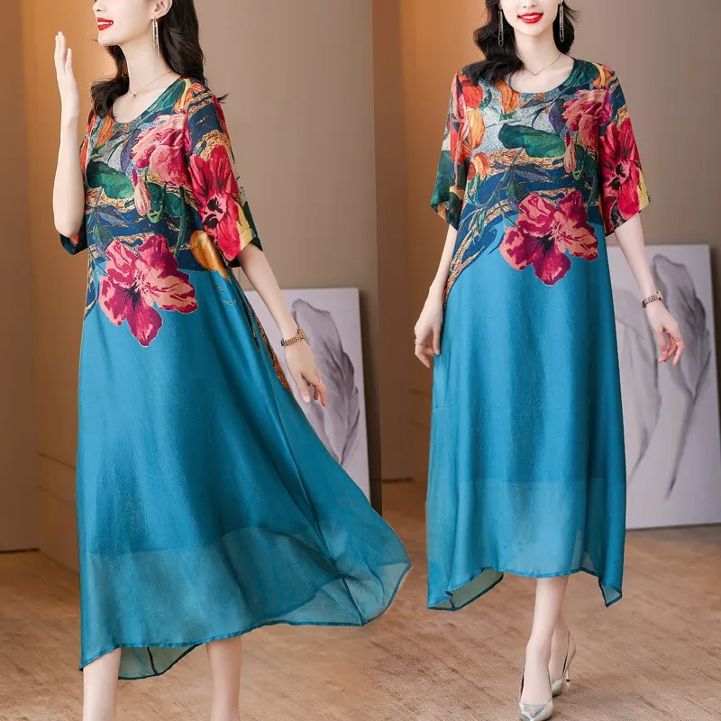 Verão 2023 plus size solto emagrecimento retro impressão Dr feminino camada dupla irregular étnica sle saia longa linha A poliéster...