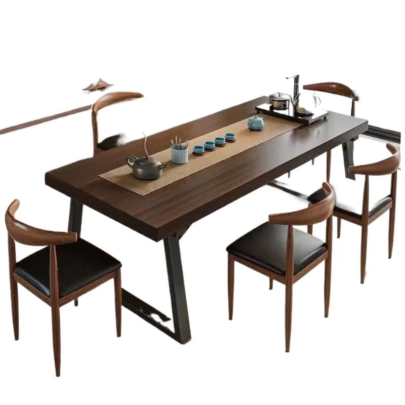 Solid wood color tea table and chair combination, one table and five chairs drinking tea table, new Chinese style negotiation