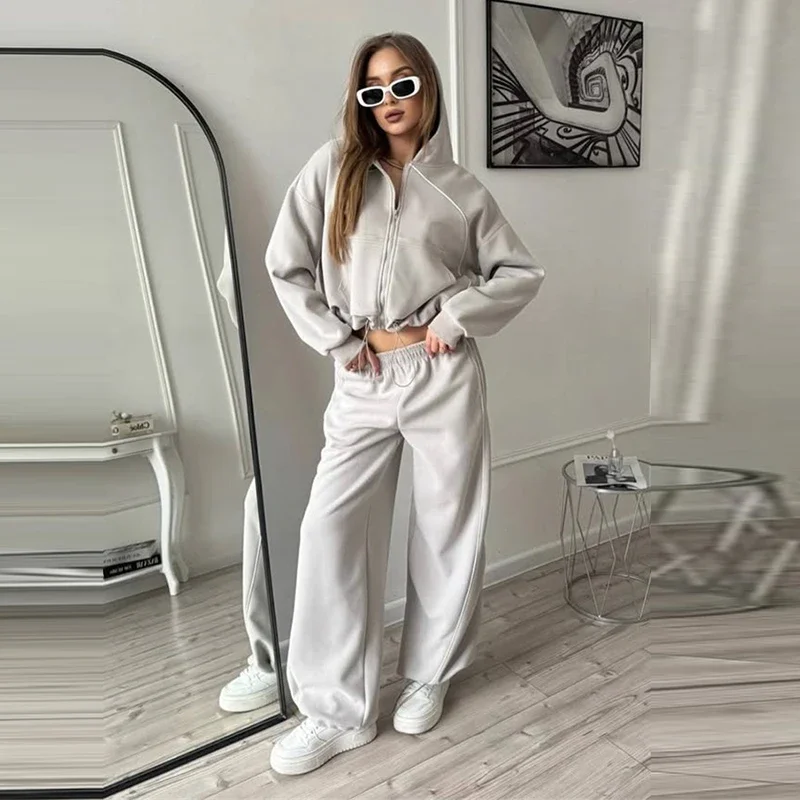 Damen-Hosen 2-teiliges Set: Kapuzenjacke mit langen Ärmeln und Reißverschluss, elastische Taille, weit geschnittene Hose, schicke Damen-Sportbekleidung, neues Herbst-Outfit. – Detail 14
