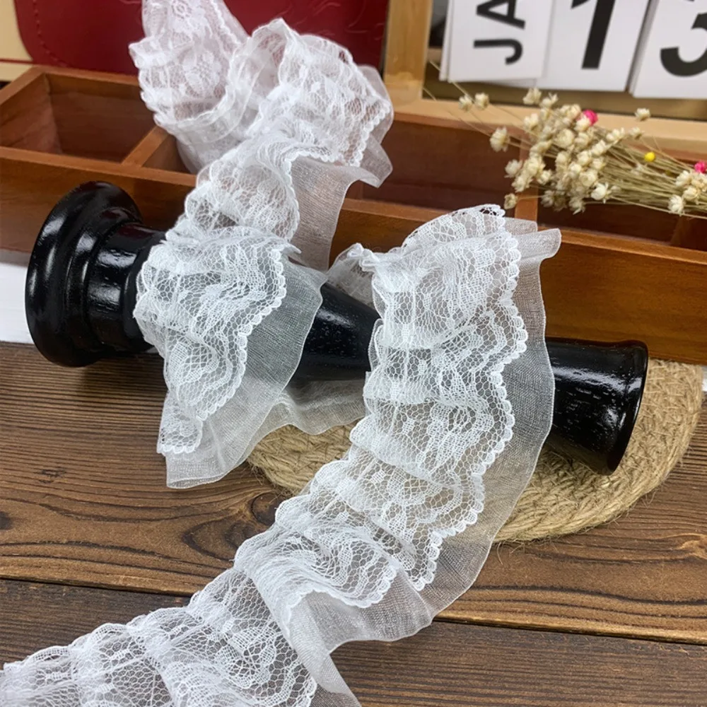 New 5CM Wide Pleated Lace Trim Double Layers White Black Chiffon Lace Ruffle Trim Lace Ruffle Fluffy Dress Pettiskirt Curtains